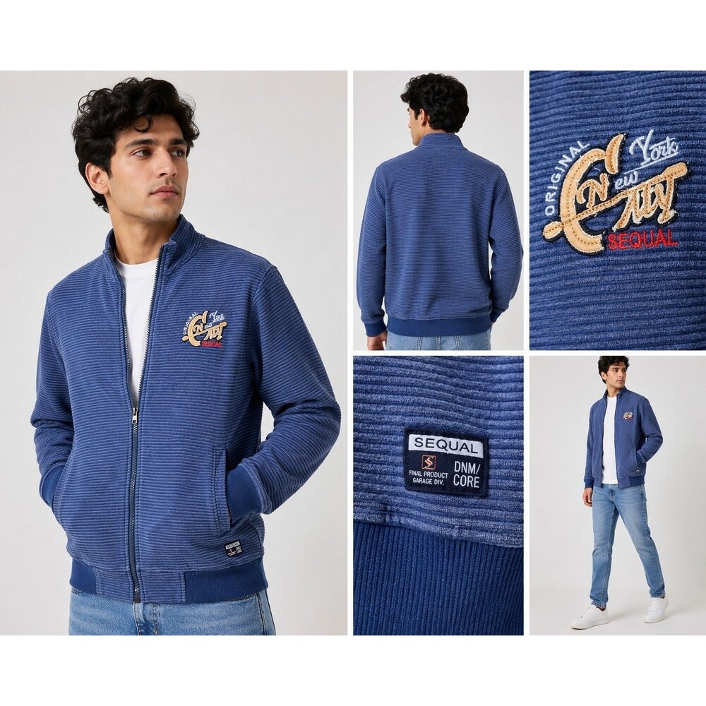 SEQUAL Men’s Blue Ribbed Zip Up Jacket Large Embroidered Casual Track Bomber